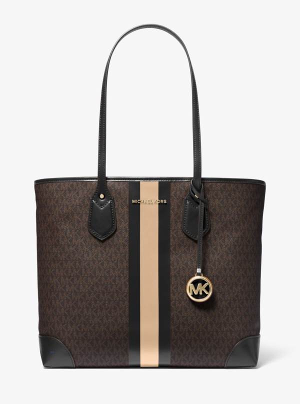 Damske Prenosná Taška Michael Kors Eva Large Logo Stripe Hnede Čierne - Kabelky Michael Kors Levně | AXROH-5296
